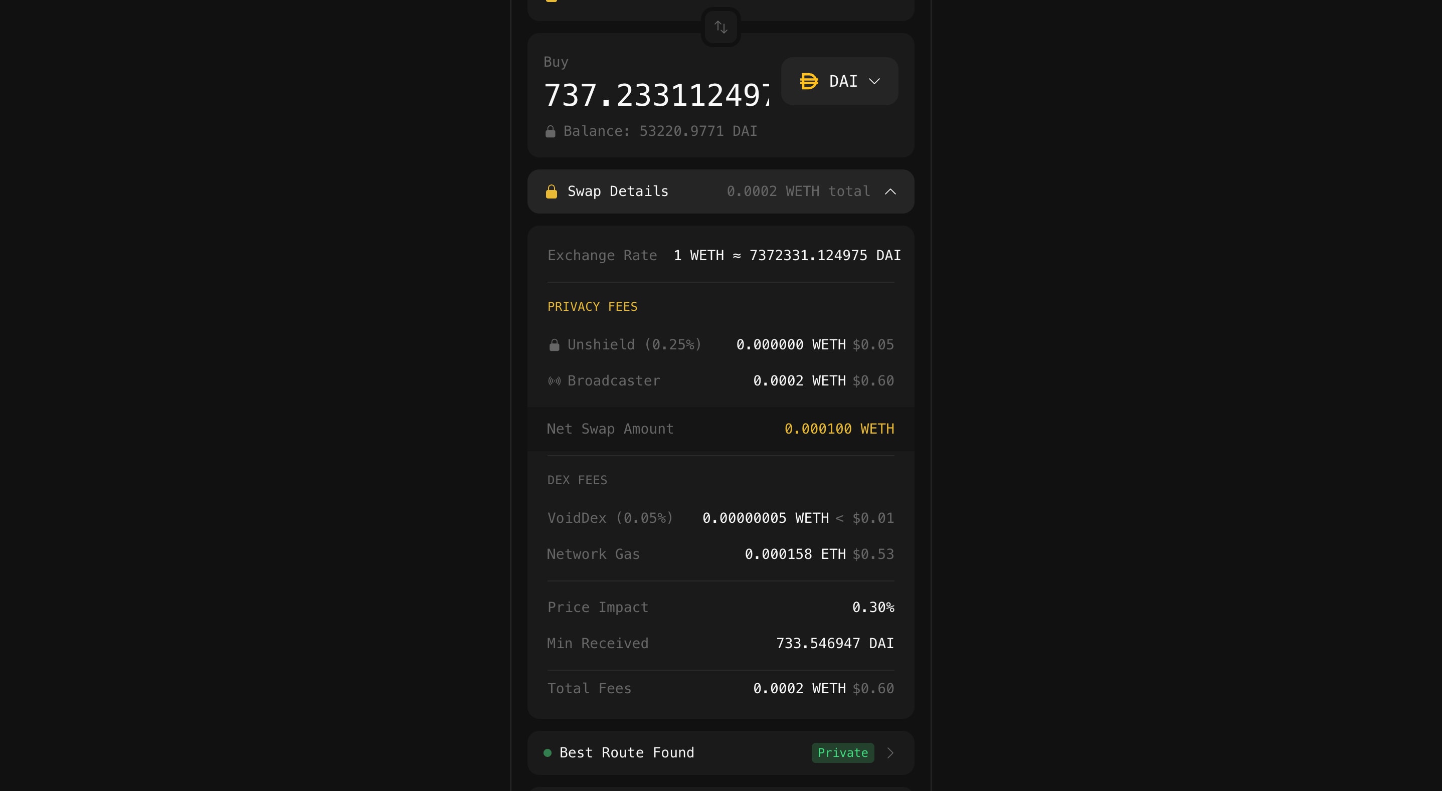 Swap details showing quote response